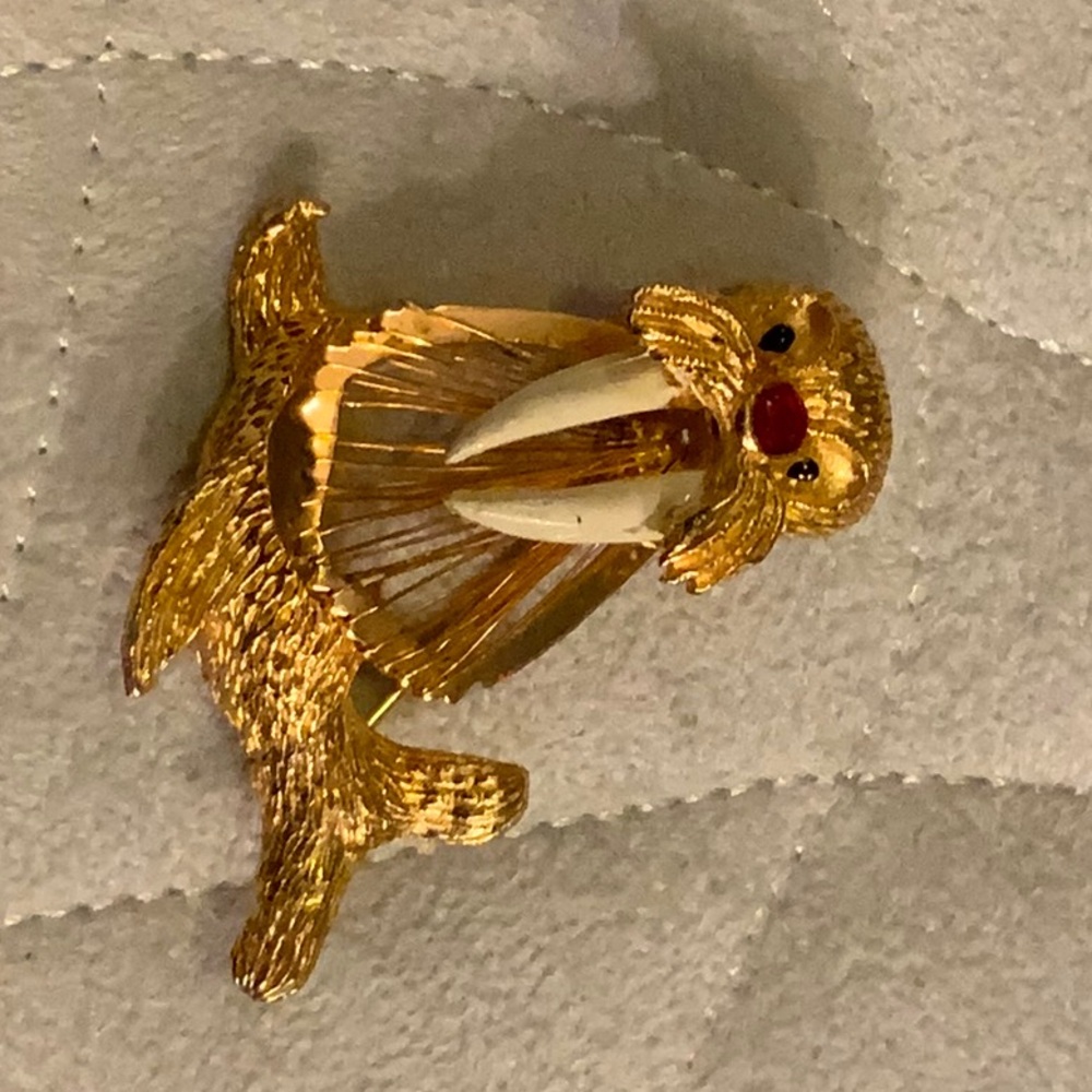 Gold-Tone Walrus Brooch with Red Accent - Women's Jewelry